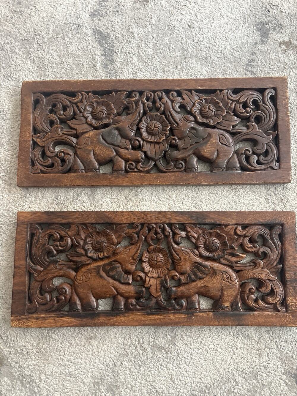 Vintage 2 Ornate Hand Carved Wooden Elephant Floral Wall Panel Made in Thailand